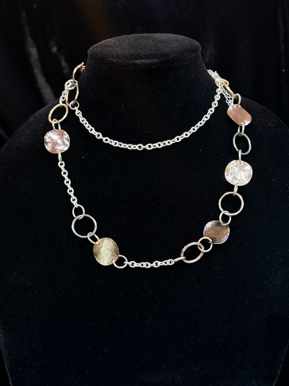 Mixed Metal Textured Disc Charm Necklace
